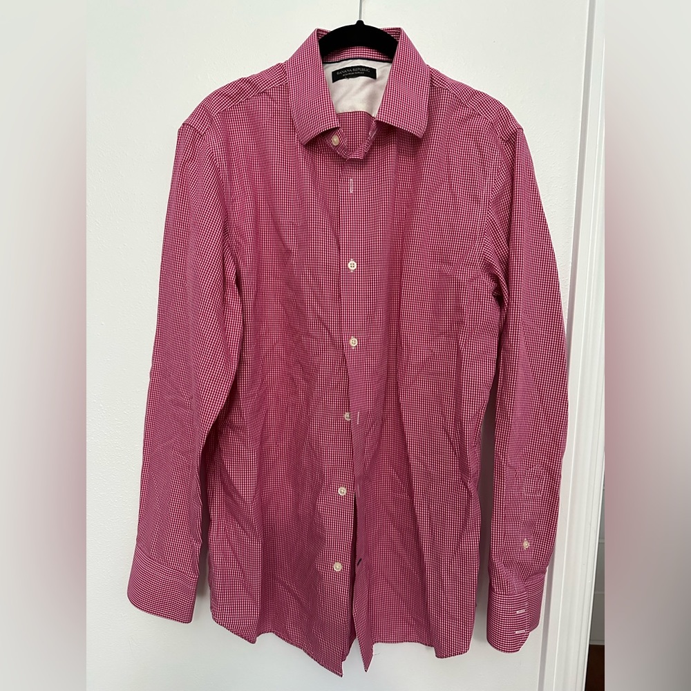 Banana Republic Men Red Plaid Non-Iron Slim Fit Dress Shirt